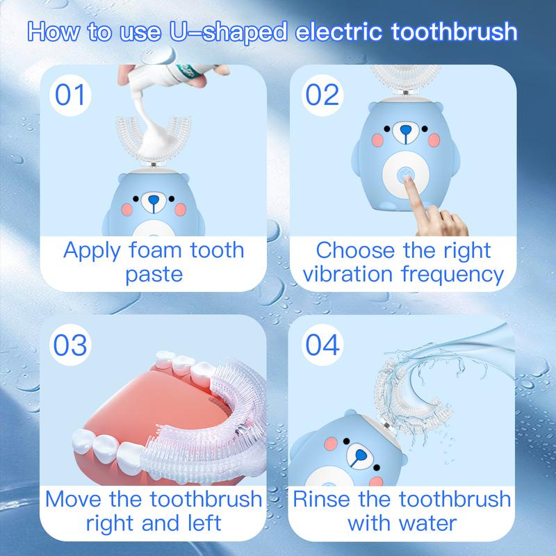 Kids Electric Toothbrush U-Shaped，6 Brush Heads Five Cleaning Modes IPX7 Waterproof Design Mermaid Rechargeable Smart Timer for Children-Kids Travel Essentials Cleansing
