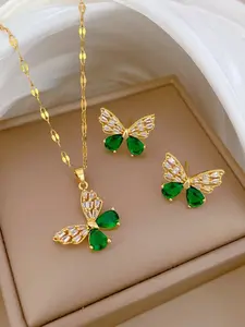 Elegant Zircon Butterfly Pendant Necklace Earrings Set, Zirconia Jewelry Set, Vintage Style Women's Party Evening Jewelry, Versatile Daily Wear Accessories