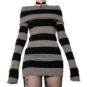 Women Gothic Dress Punk Off Shoulder Striped Knit Dress Y2k Fairy Grunge Dress Halloween Dark Academia Clothes