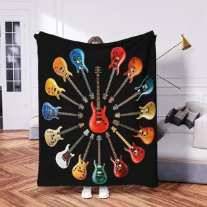 Colorful Electric Guitar Pattern Flannel Blanket, Soft Warm Throw for Sofa Home Decor, Ideal Gift for Friends, Halloween Christmas Birthday, Decorative Giftable Blankets