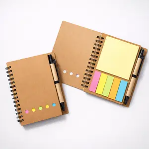 Pocket Spiral Notebook with Pen Holder, 4.1"x5.3" Lined Notepad, 70 Pages Kraft Cover, Sticky Notes & 5 Color Index Tabs Flags, Small Portable Journal Planner for Work, School & Office Supplies
