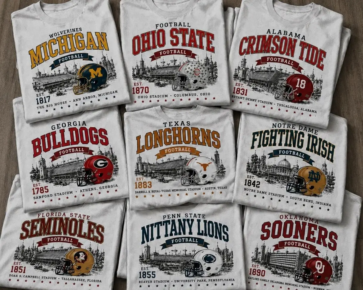Vintage All Team Football Stadium Graphic T-Shirt, Retro College Football Fan Tee, Game Day Sports Shirt, Classic Helmet Design Apparel, Unisex Football Lover Gift CQA