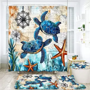 1/4pcs Nautical Bathroom Shower Curtain Set, Bathroom Decoration Accessories, Blue Sea Turtles & Orange Starfish Compass Rose Map Design, Matching Bath Mat - Ocean Themed Decor for Coastal Home, Summer Beach & Vacation Vibes