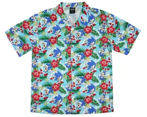 Sonic the Hedgehog Men's Hawaiian Floral Character Design Button-Up Woven Shirt