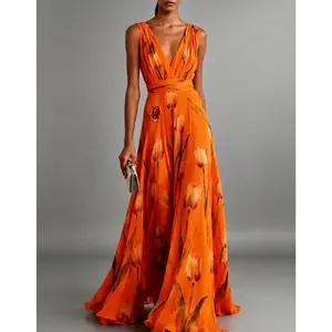 Summer New Tulip Print Evening Gown for Women, Sleeveless V-Neck Long Dress, Elegant Party Wear, Fashionable Night Out Attire