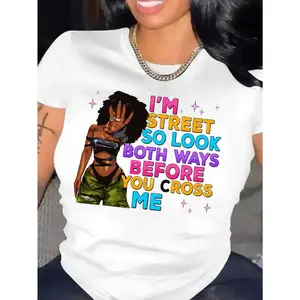 Women's Juneteenth Emancipation Day Graphic T-Shirt I'm Street So Look Both Ways Slogan Dreadlock Art Colorful Letter Print Crew Neck Short Sleeve Casual Spring Summer Tee Machine Washable Street Style Apparel Artistic Print Shirt