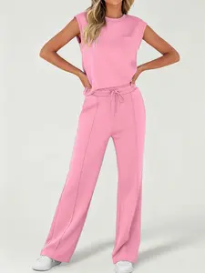 Women's solid color casual suit sleeveless round neck vest top drawstring waist wide leg pants two-piece set comfortable and fashionable Pockets design suitable for daily casual wear