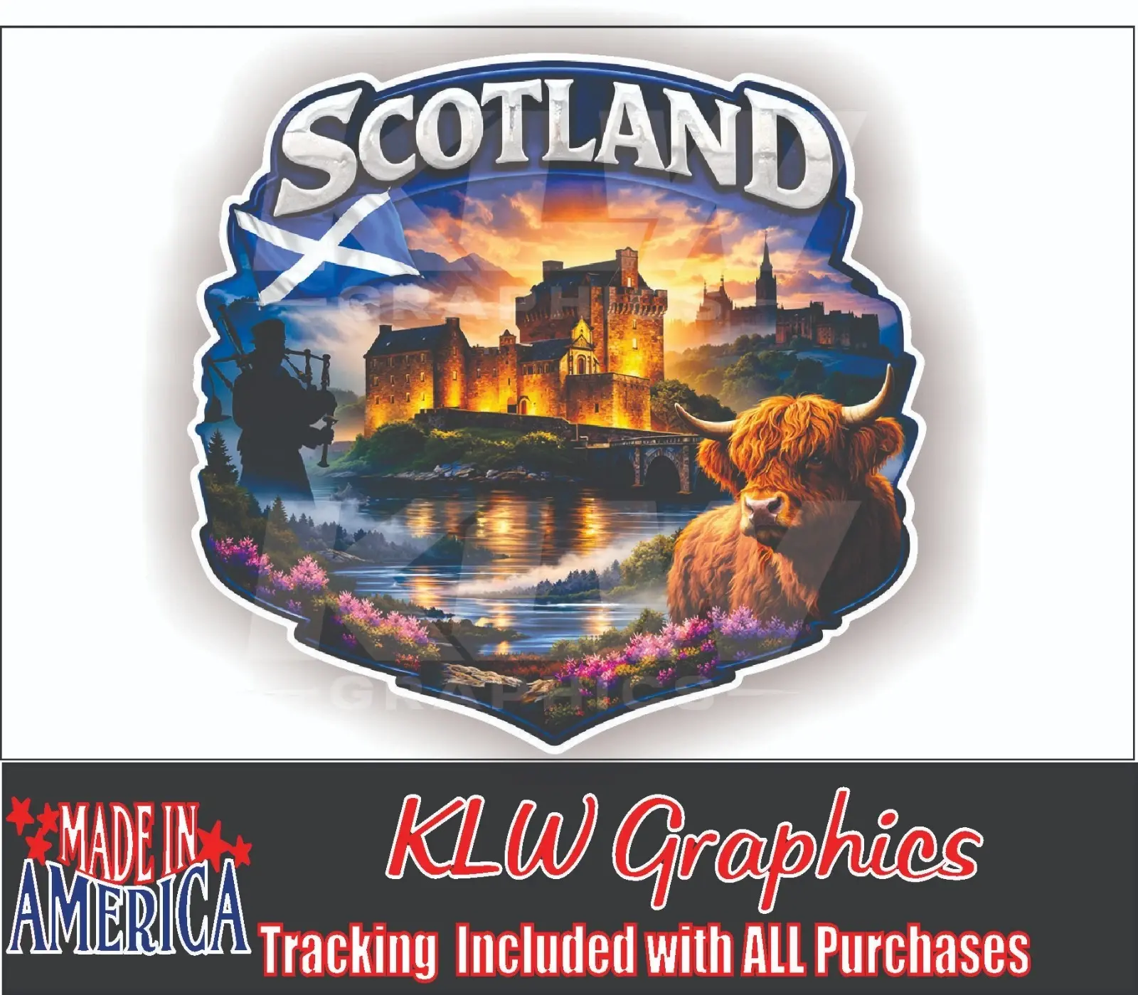 Scotland Highland Cow Full Color Sticker Castle Scenic Landscape Scottish Flag Decal