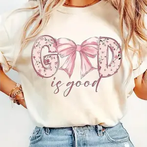Winter outfits Women's Vintage Christian "God Is Good" Bible Verse T-Shirt with Floral Bow Design Soft Round Neck Short Sleeve Machine Washable Beige Casual Top for Mother's Day Father's Day & All Festivals walk  by  faith  tee Flower Print Casual T-Shirt