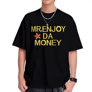 Men's "MR.ENJOY DA MONEY" Hip-Hop Streetwear T-Shirt - Black Crew Neck Short Sleeve Top with Yellow Text & Orange Flower Accent for Everyday Wear - Breathable