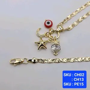Pendant 4 Element Eye Moon Star Owl Chain 24 & 18 Inches 4 Millimeters Laminated Gold Jewelry with Red Evil Eye Protector Charm SKU CH02 CH13 PE15