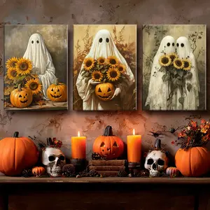 3 Counts Wooden Framed Canvas, Halloween Ghost, Flowers & Pumpkins Posters, Halloween Home Poster, Halloween Party Decorations, Living Room And Bedroom Hanging Paintings, Horror Theme, Interesting Posters, Exquisite Gifts, High-Definition Art