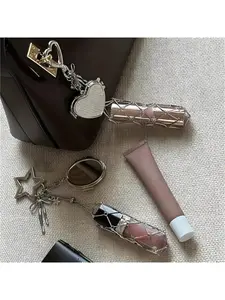 Ins style lady's fashion lipstick storage mirror case lipstick bag mesh bag keychain pendant
