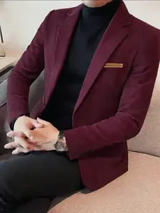 Men's Corduroy Blazer Jacket, Medium Thick Business Casual Suit, Spring & Fall Season Fitted Design, Woven Fabric Style