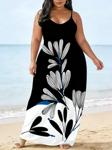 Women's Plus Size Bohemian Chic Floral Casual Maxi Dress, Loose Summer V Neck Halter Skirt, Essential Curve Women's Vacation Wear