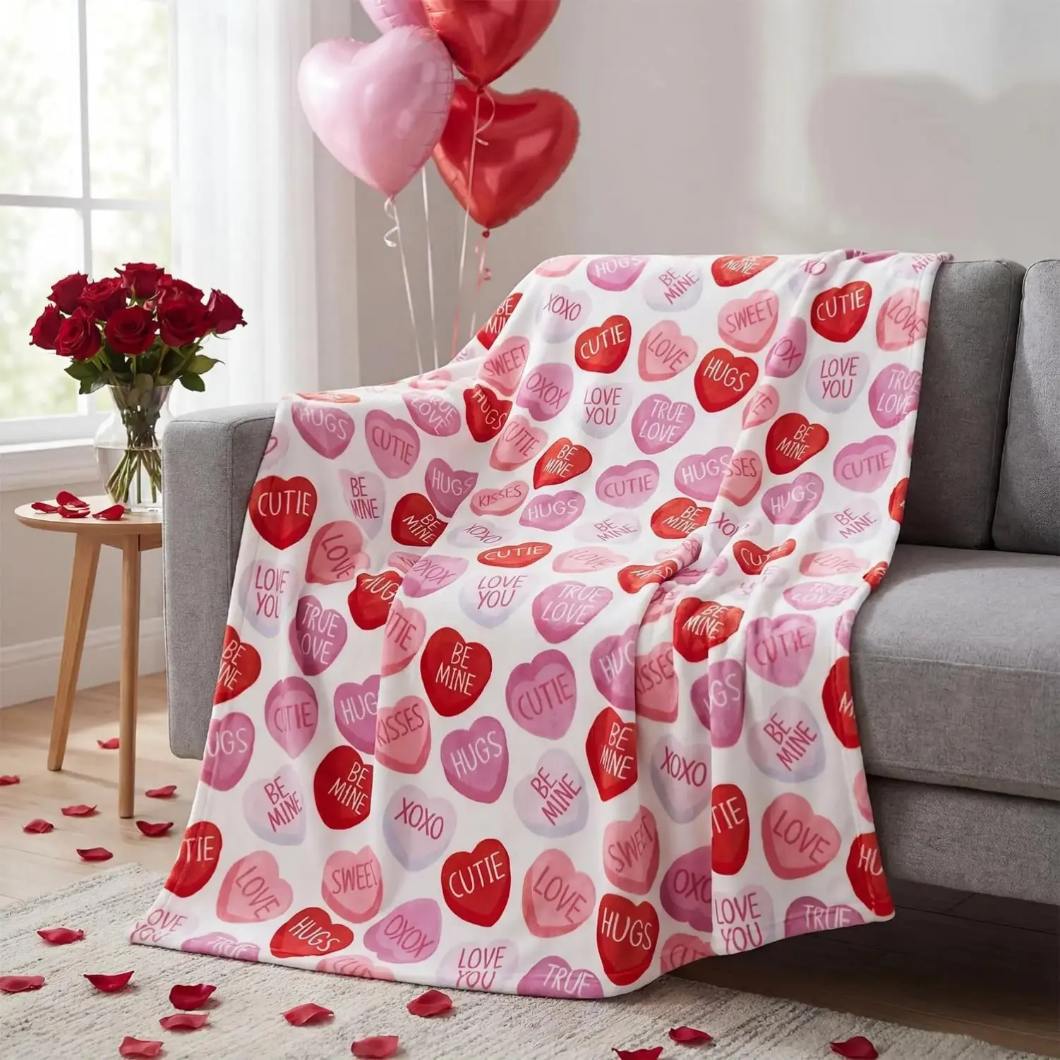 Valentine Flannel Throw - Pink Hearts with Words, Fuzzy Softness, Wrinkle Resistant, , Heartwarming Blanket Gift, Decorative Giftable Blankets, Great for Sofa, Bed, or Cuddle Time, Soft Plush Fleece, Living Room Decor for Adults