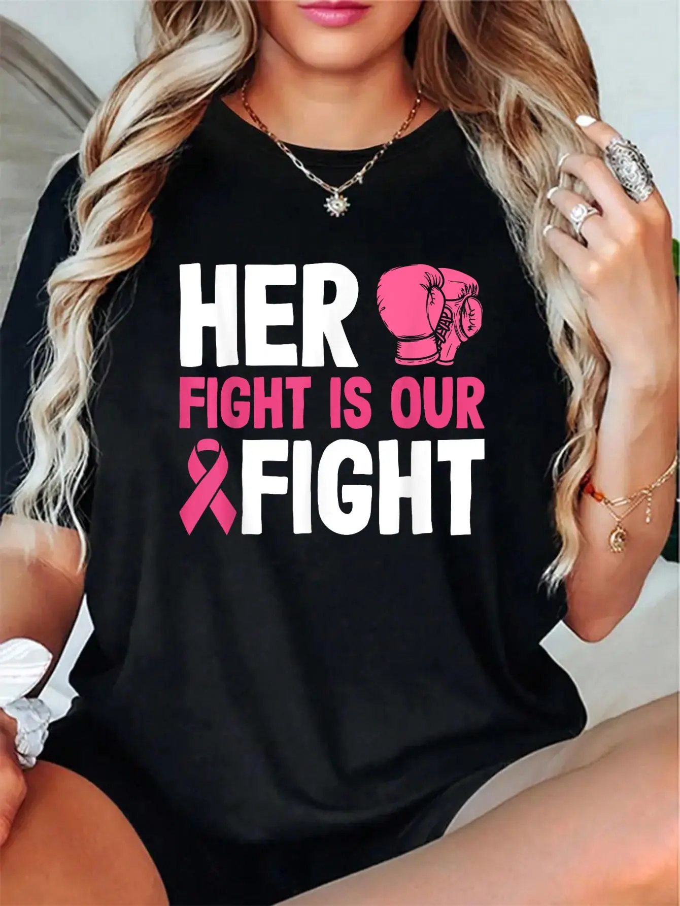 Women's Awareness Top with Boxing Glove Digital Print, Unisex 'Her Fight Is Our Fight' Slogan Shirt in 100% Soft, Breathable Cotton Fabric with a Relaxed Vibe, Cute, Graphic, Check Size Chart, Unisex Look, Shortsleeve, Style, T-Shirt, Casual