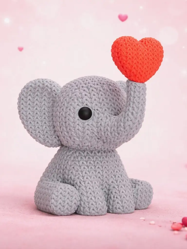 Minimalist Gray Knitted-Crochet 3D-Printed Soft PLA Plastic Cute Elephant Figurine - Romantic Red Heart-Blowing Ornament, Home Decor Collectible Miniature Animal Shaped Figurine, Gift for Elephant Lovers, Collectible Figurines