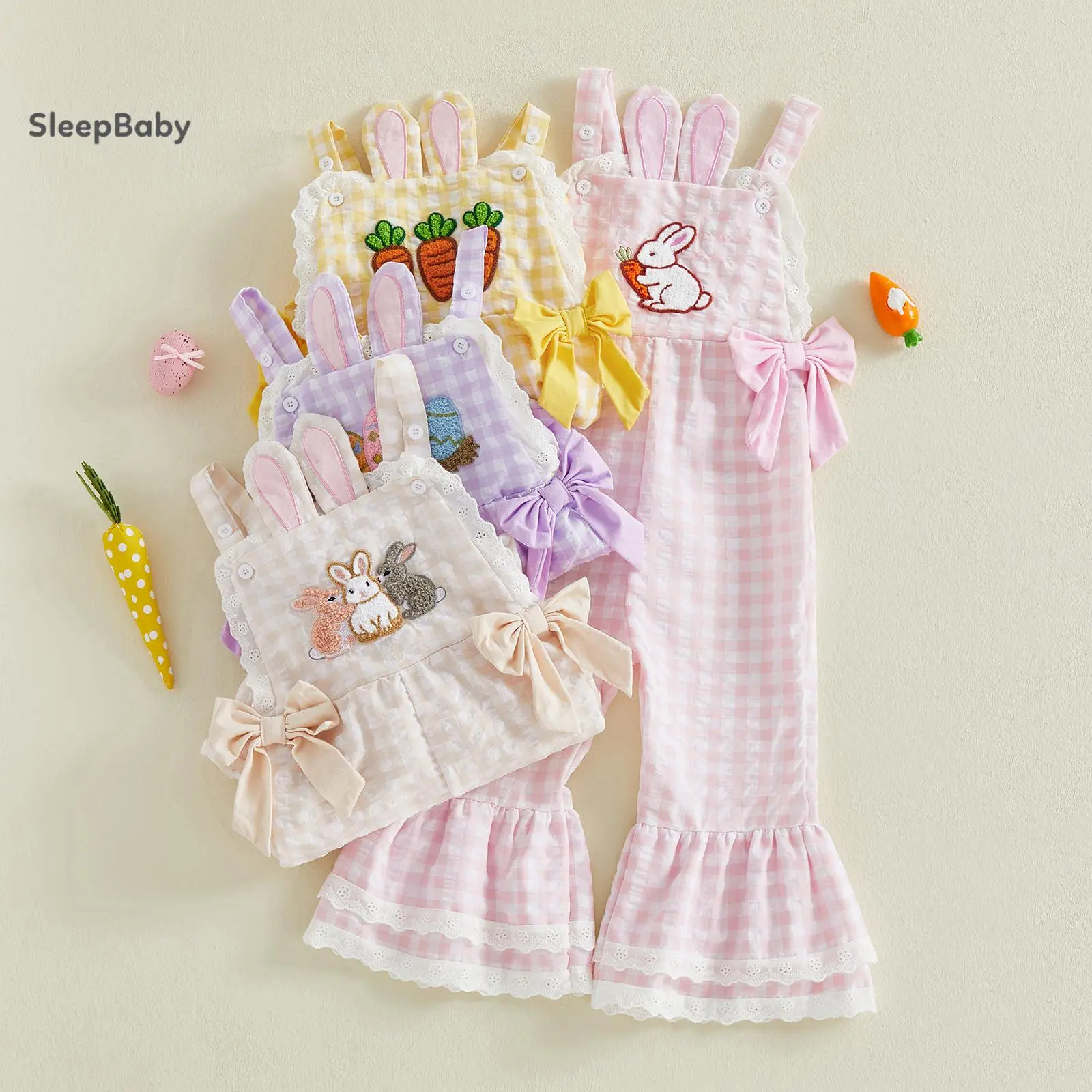 Baby Girl's Plaid Jumpsuit, Sleeveless Cotton Blend Bell-Bottom Romper with Ruffle Straps and Easter Egg Embroidery, Sleeveless Onesies, 4-5Y, Baby Girls Clothing, 18-24M, Bodysuit Clothes, Indoor, 3-4Y