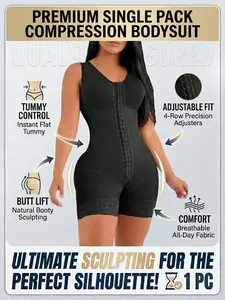 Women's Premium Compression Bodysuit Shapewear - Full Body Tummy Control Fajas, Adjustable 4-Row Hooks Waist Trainer & Butt Lifter Shaper with Lace Trim (1 PC, Black) summergarden