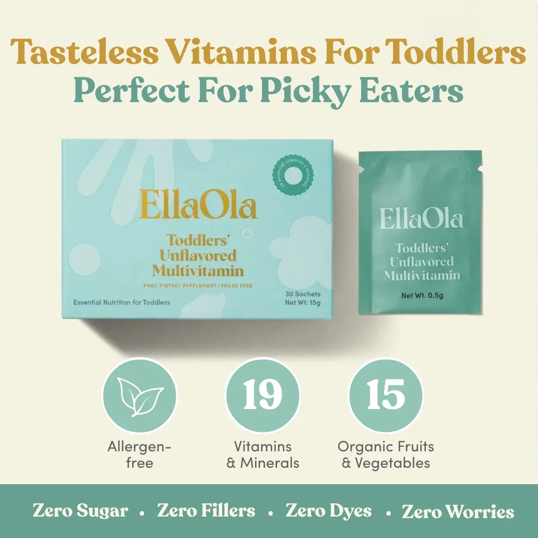 EllaOla Essential Tasteless Multivitamin for Toddlers (Up to Age 3)  - 30-Day Supply - Supports Total Health & Cognitive Development - 19 Vitamins & Minerals - 15 Organic Fruits & Veggies - Allergen-Free - Gluten-Free - Pediatrician-Developed