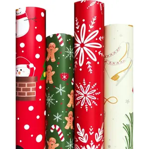 Christmas Wrapping Paper Set of 4 Rolls (93 sq. ft. ttl) With Colorful Holiday Patterns Santa Claus, Reindeer, Christmas Tree, Snowman, snowflakes for Gifts - 17 inches x 16.5  Per Roll
