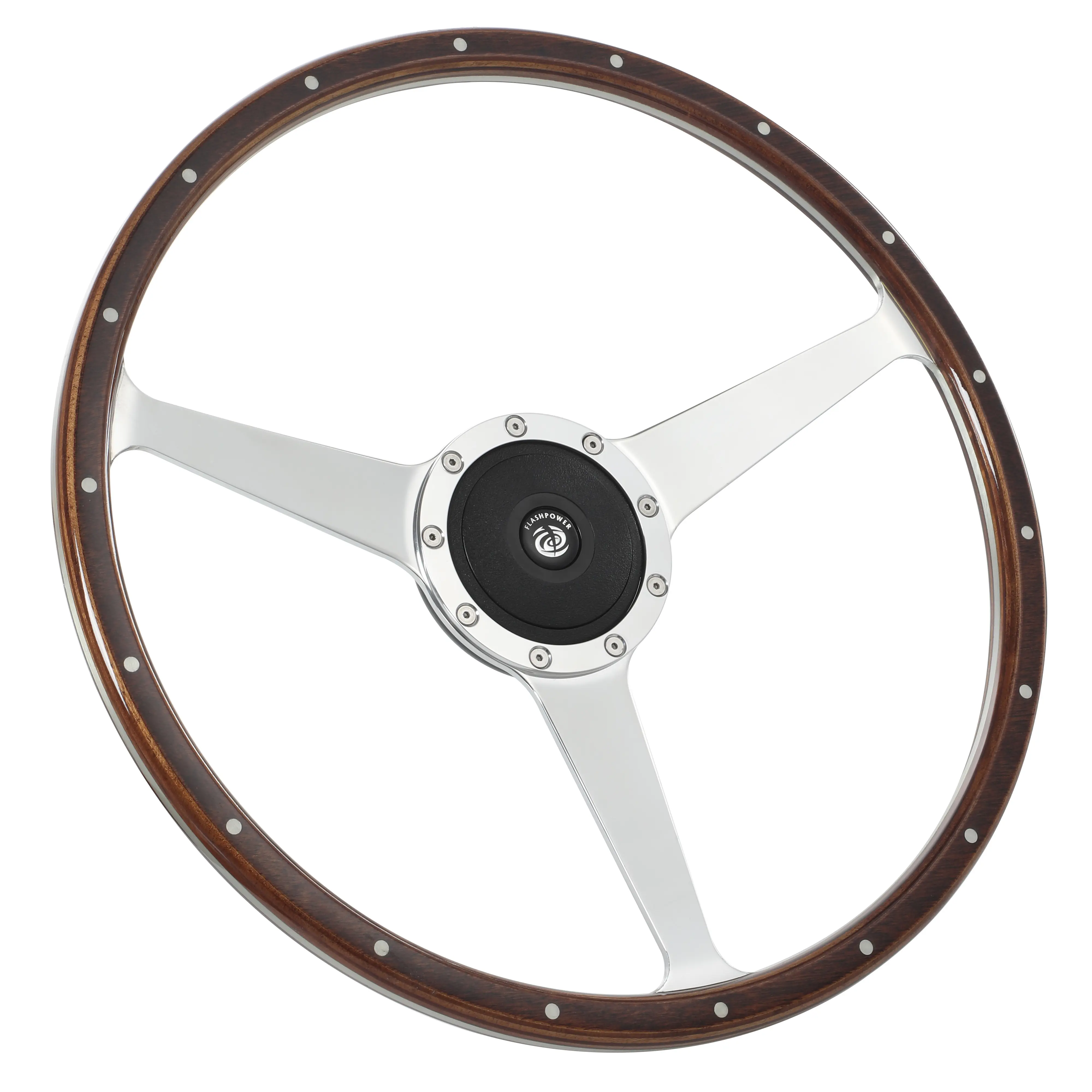 Flashpower 17" Classic Mahogany Laminate Wood Steering Wheel Cover with Wood Grain, Horn Button, 6061 Aluminium, High Polished Spokes for Chevy Caprice Transporter, Classic British & European Cars, Automotive Accessory (Includes Bolts), Classic British An