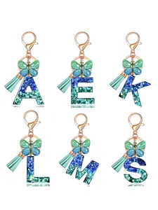 New Butterfly Letter Keychain, Resin Alphabet Shape Keyring with Tassel Bag Decoration, Elegant Car Hanging Pendant Gift for Women, Trendy Cute Keychain
