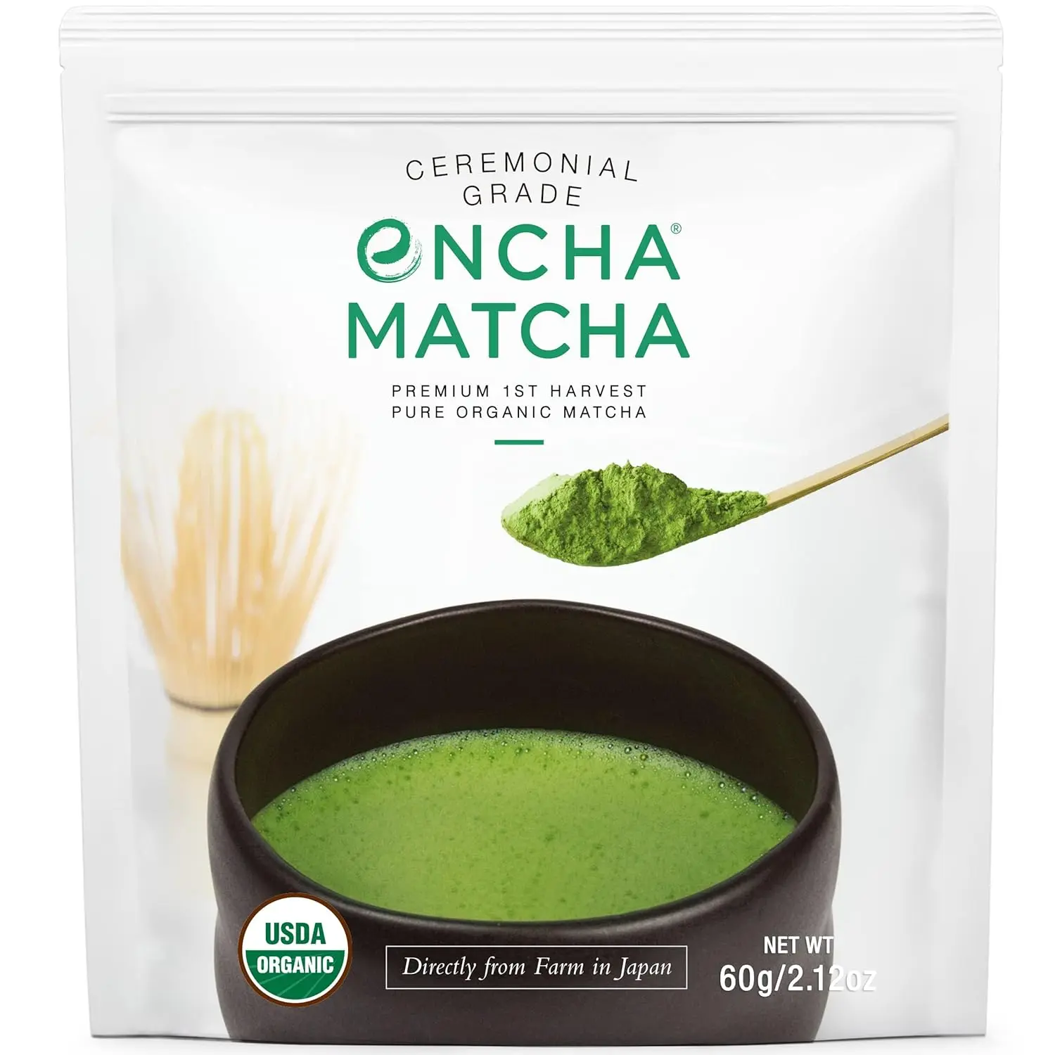 Encha Ceremonial Grade Bright Green Matcha Powder - USDA Certified Organic, First Harvest Uji-Sourced Japanese Green Tea Beverage, 60g/2.12oz Refill Pouch
