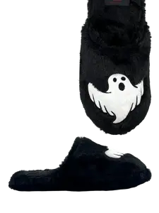 KOZY PHANTOM Black/White Slipper with Ghost Design, Soft Fur Material, Ideal for Walking Shoes and Decor