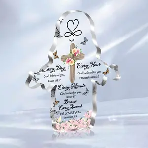 Jesus Shaped Acrylic Ornament, Cross & Flower Pattern Decorative Ornament, Religious Gift for Men & Women, Ideal Prayer Room Decoration