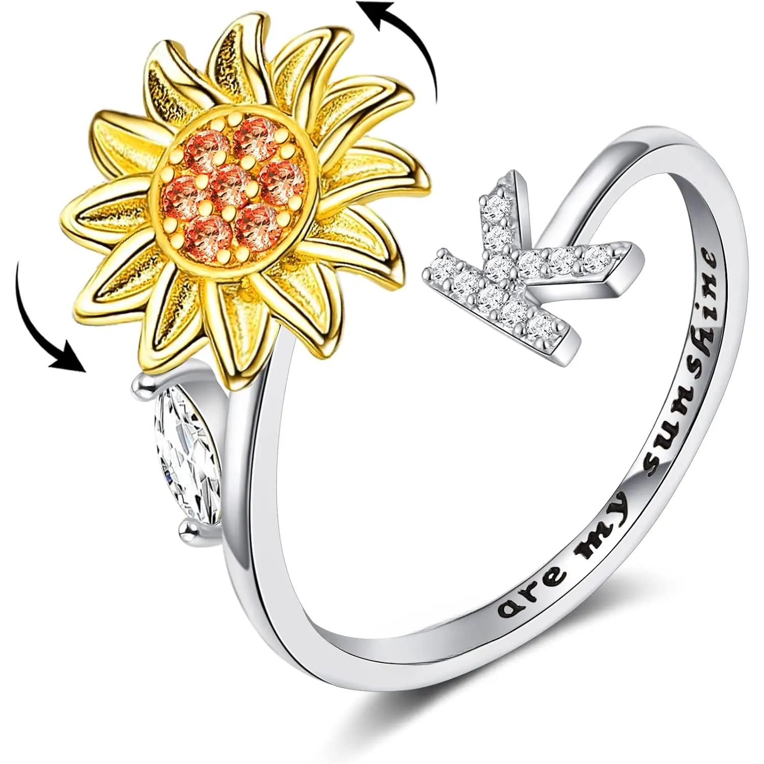 Fidget Rings for  for Women Sunflower Initial Letter Spinner Ring Open Adjustable Ring CZ Rings Daisy  Relieving Ring   for Women Valentine's Day You are My Sunshine Ring