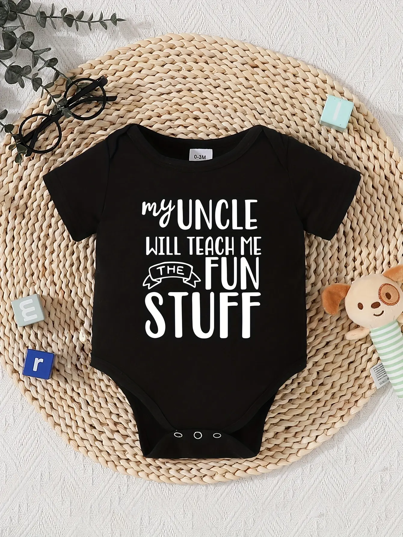 My Uncle Will Teach Me The Fun Stuff Baby Bodysuit, Mixed Cursive Block Banner White Text Short Sleeve 100% Cotton Newborn Infant Romper Onesie, Snap Buttons, Onesie Unisex Bodysuits & One-Pieces