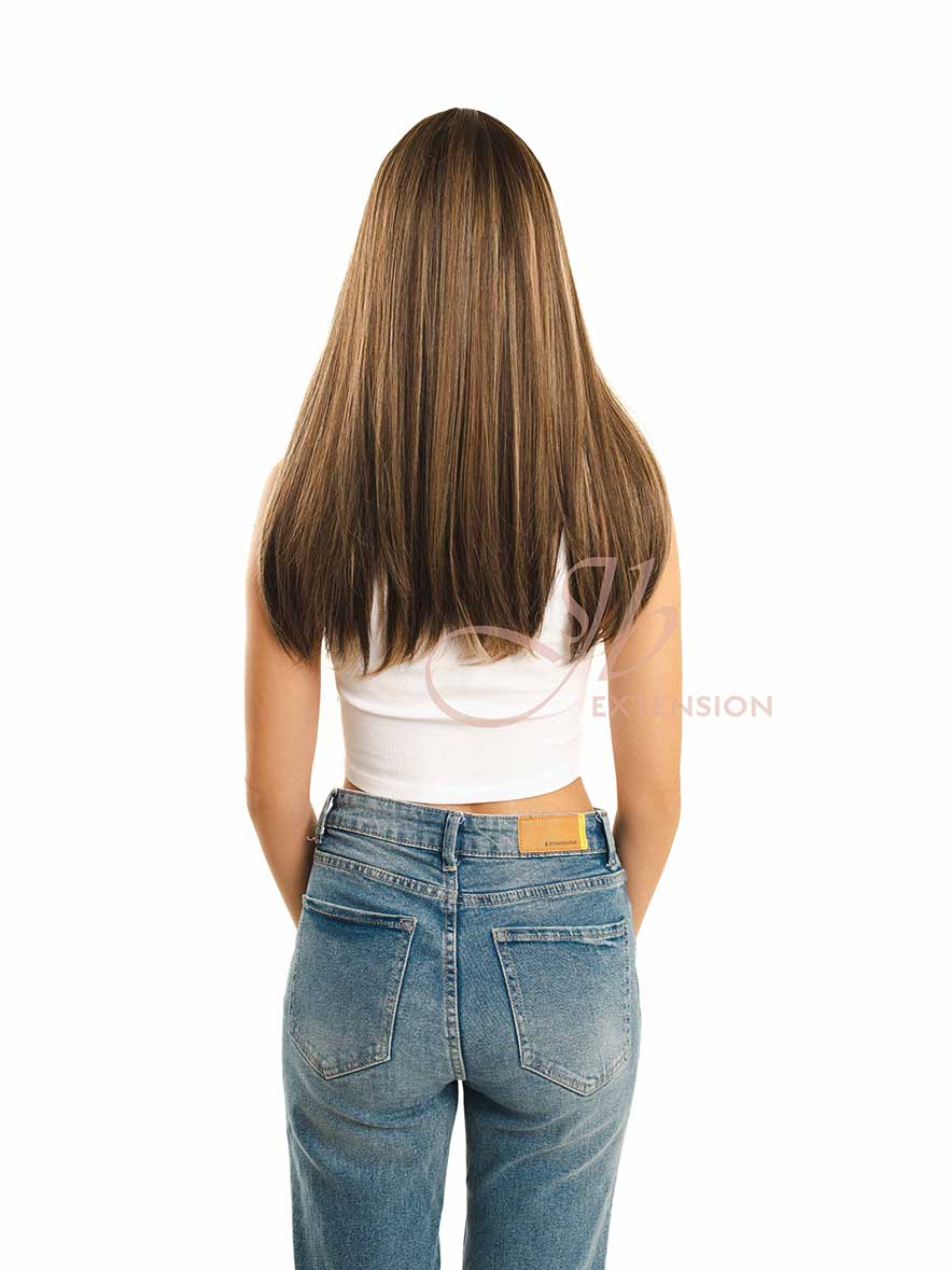 JBEXTENSION 22 Inches Scalpiana Straight Dark Brown with Blonde Highlight 3.5X4 Hard Silky Top Natural Scalp Effect Wig ISABEL SILKY TOP