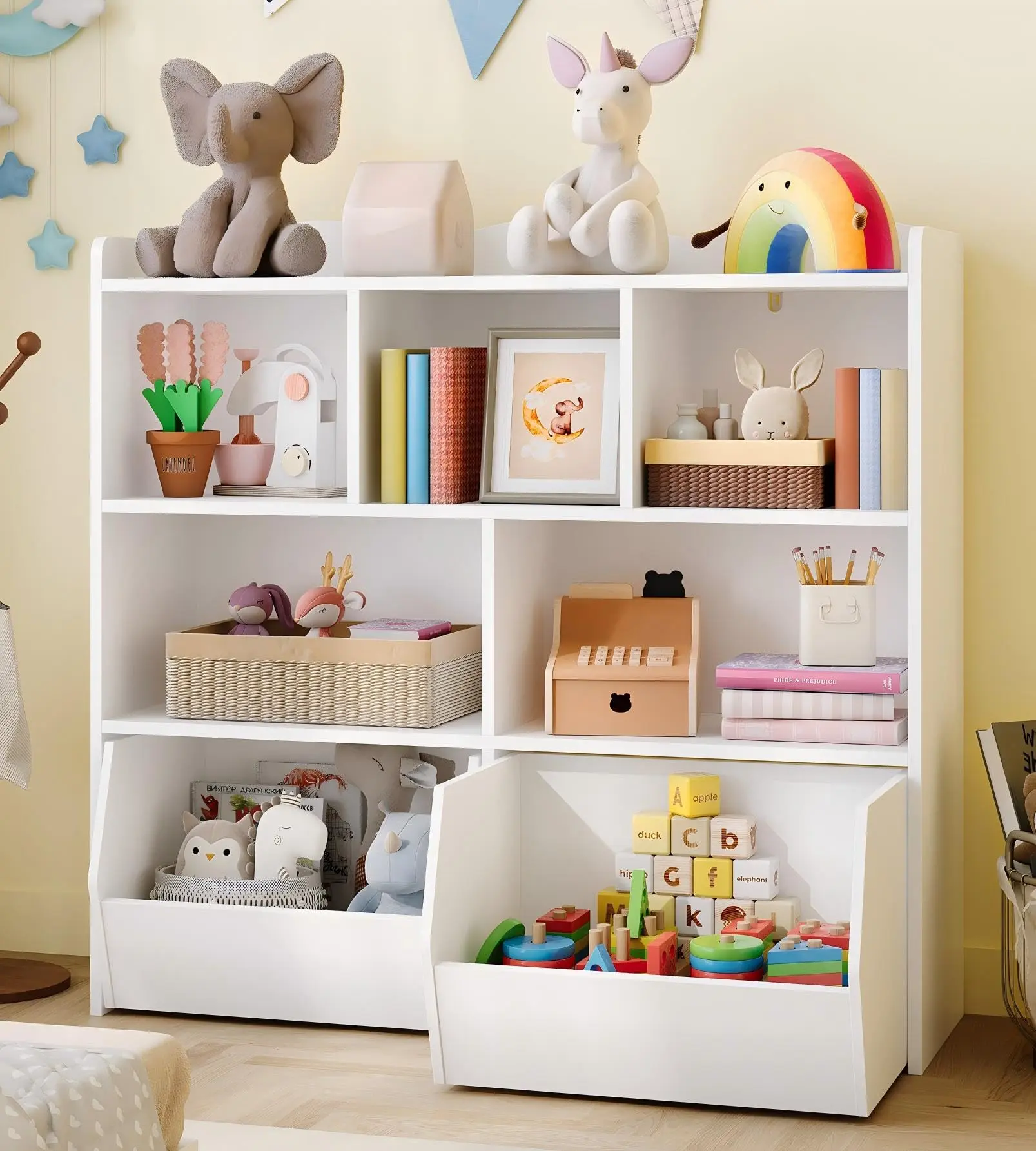 White-Special Drawer Toy Storage Organizer with Movable Drawers, Kids Bookshelf with Hidden Wheels and 5 Open Cubbies, Multifunctional Floor Storage Chest for Playroom