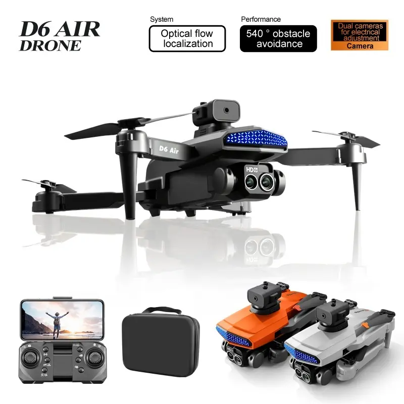 D6 Foldable Black Drone with Dual Camera, 5-Directional Sensor Obstacle Avoid, Optical-Flow Positioning, Electrically-Focusable Lens for Stable HD Video Aerial Shots