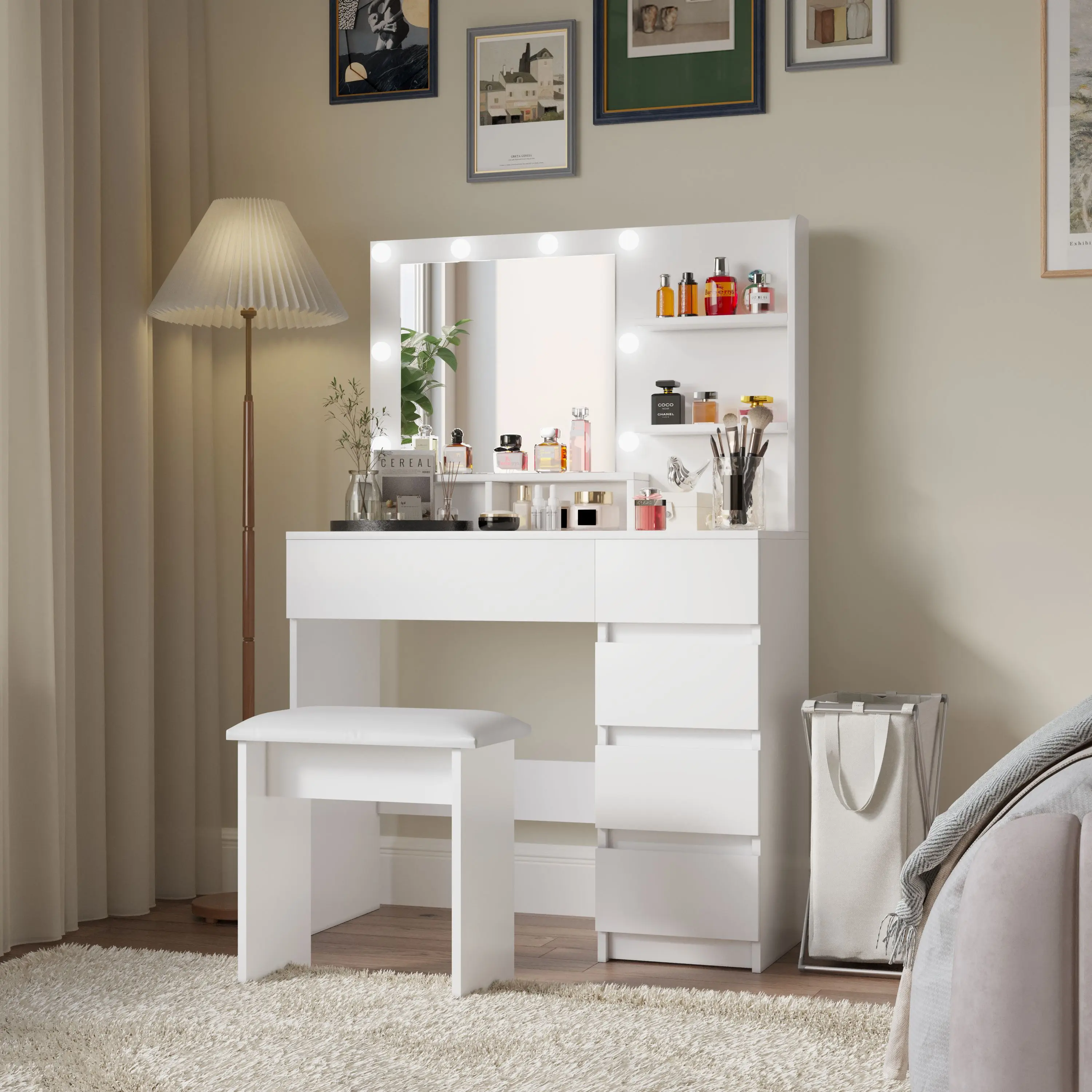 Makeup Vanity Desk Set with Mirror & Light, Dressing Table Storage Lots with Power Strip, 3 Lighting Modes with Adjustable Brightness, 37 Inches (White with Stool)