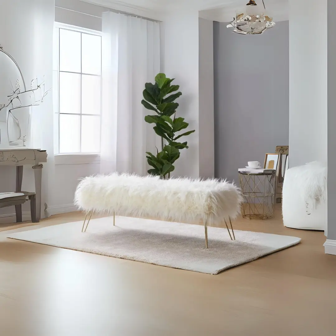 Faux Fur Ottoman with Gold Metal Legs – Stylish, Durable, Versatile & Perfect for Living Room Decor