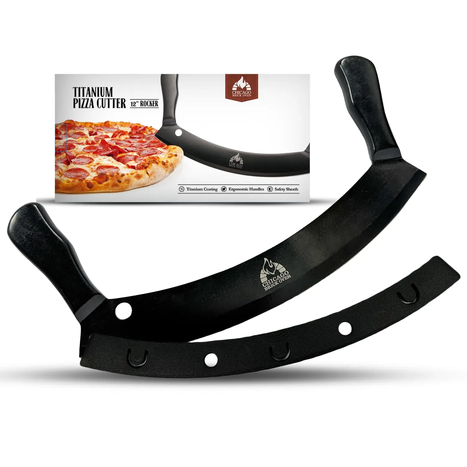 12-Inch Pizza Cutter Rocker Blade – Stainless Steel Mezzaluna Knife with Titanium Coating – Large Professional Pizza Cutter with Protective Cover – Dishwasher Safe