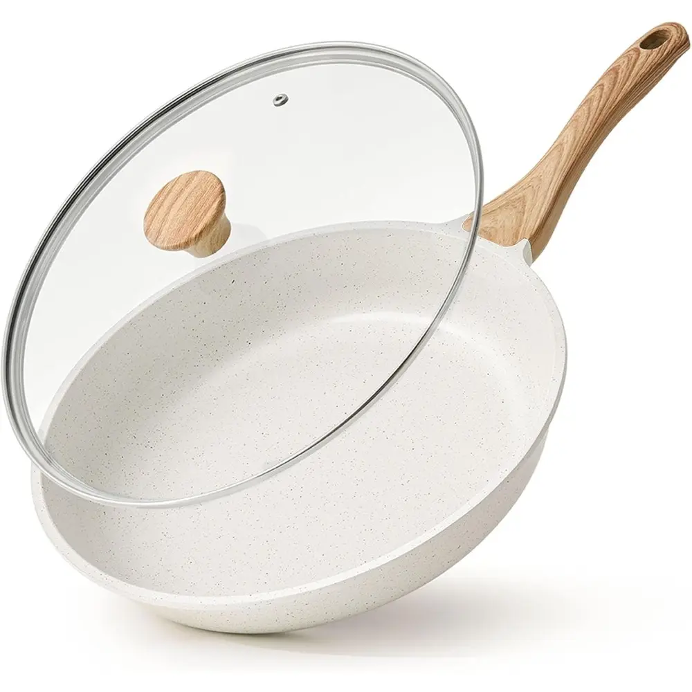 Nonstick Ceramic Frying Pan with Lid 8/9.5/10/11/12.5 Inch Omelet Pan Skillet, Free of Intentionally Added PFAS/PTFE Non-toxic Chef's Pan Induction Compatible Pan, Heat Resistant Handle