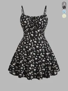 Women's Floral, Ditsy Print Knitted Bodycon Spaghetti Strap Skater Dress, featuring a floral pattern. Perfect for sweet vacations, dates, beach outings, this dress exudes a sexy bohemian vibe ideal for summer getaway