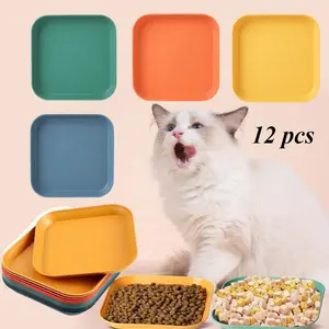 12 Pieces Whisker Fatigue Relief Cat Bowl 6 Inch Shallow Cat Food Dish Wet Feeding Bowl Wide and Small Pet Plate for Kitten and Short Legged Kitten Wheat Straw (Vintage Colors, Square)