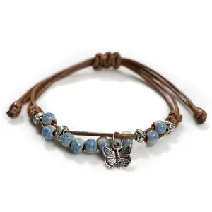 Handmade butterfly Ceramic Cracked Ice Vintage adjustable bracelets Elastic Cord Bohemian Chic Jewelry Unique Gift H920