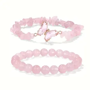 2pcs Rose Quartz Stretch Bracelet & Charming Pink Quartz Crushed Stone Butterfly Bracelet Set, Women's Trendy Hand Jewelry, Suitable for Daily Wear and Special Occasions, Ideal Holiday Gift