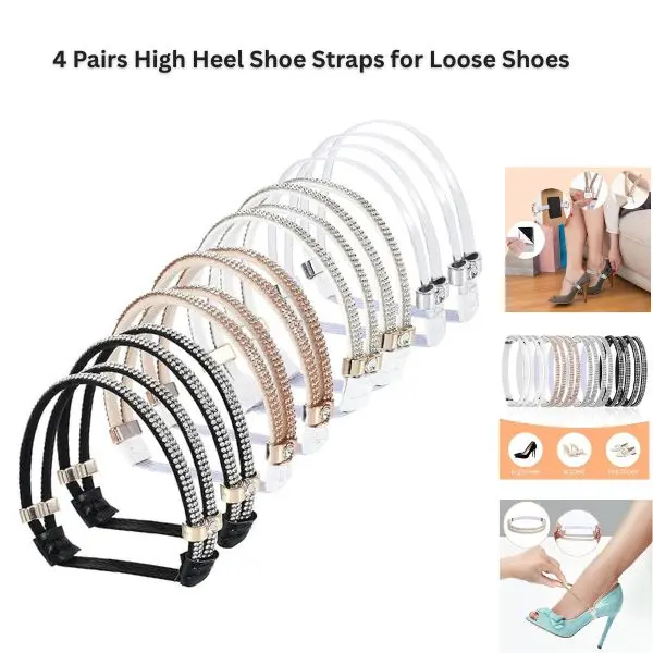 4 Pairs High Heel Shoe Straps for Loose Shoes, Adjustable Elastic Ankle Straps with Rhinestones, Detachable Heel Holders, Non-Slip Shoe Bands for Pumps, Sandals, Stilettos & Dress Shoes Women