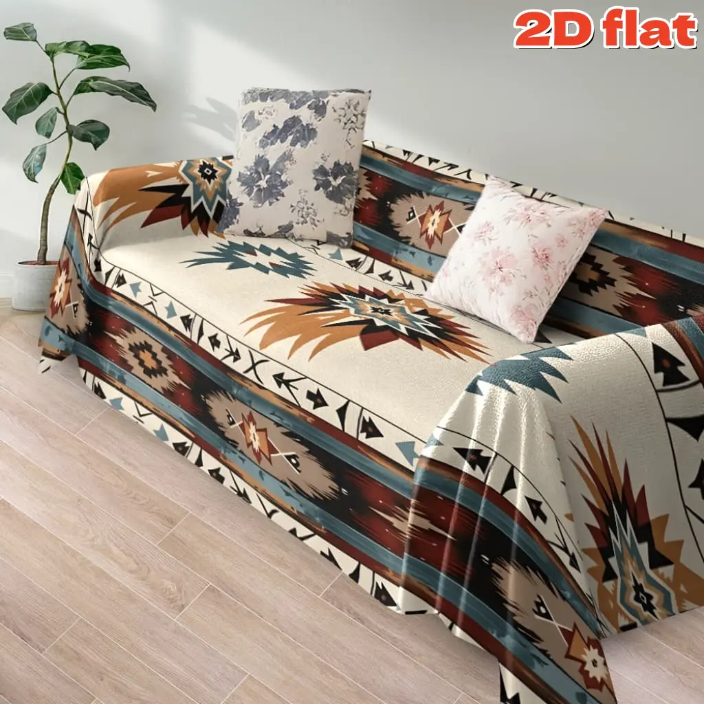 2D flat 1Pc Bohemian Southwestern Aztec Pattern Sofa Cover, Sofa Slipcover with Geometric Star Design - Four Season Universal, Pet-Friendly, Anti-Slip Couch Protector Machine Washable Decorative Throw for Living Room Bedroom Office Home Decor