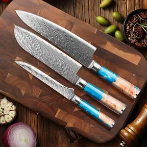 High quality Damascus pattern kitchen , professional chef , resin handle, suitable for cooking, home kitchen and high-end hotels use. knife Carbon Steel Butcher Knife Set masakan  rumahan