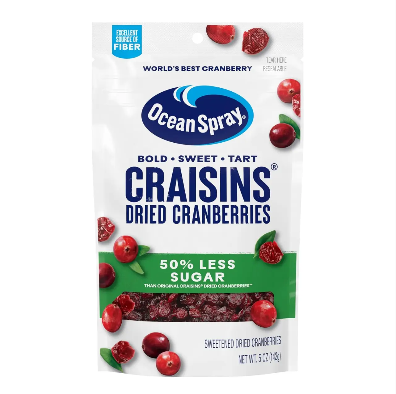 Ocean Spray Craisins, 50% Less Sugar Dried Cranberries, Dried Fruit, 5 Oz Pouch