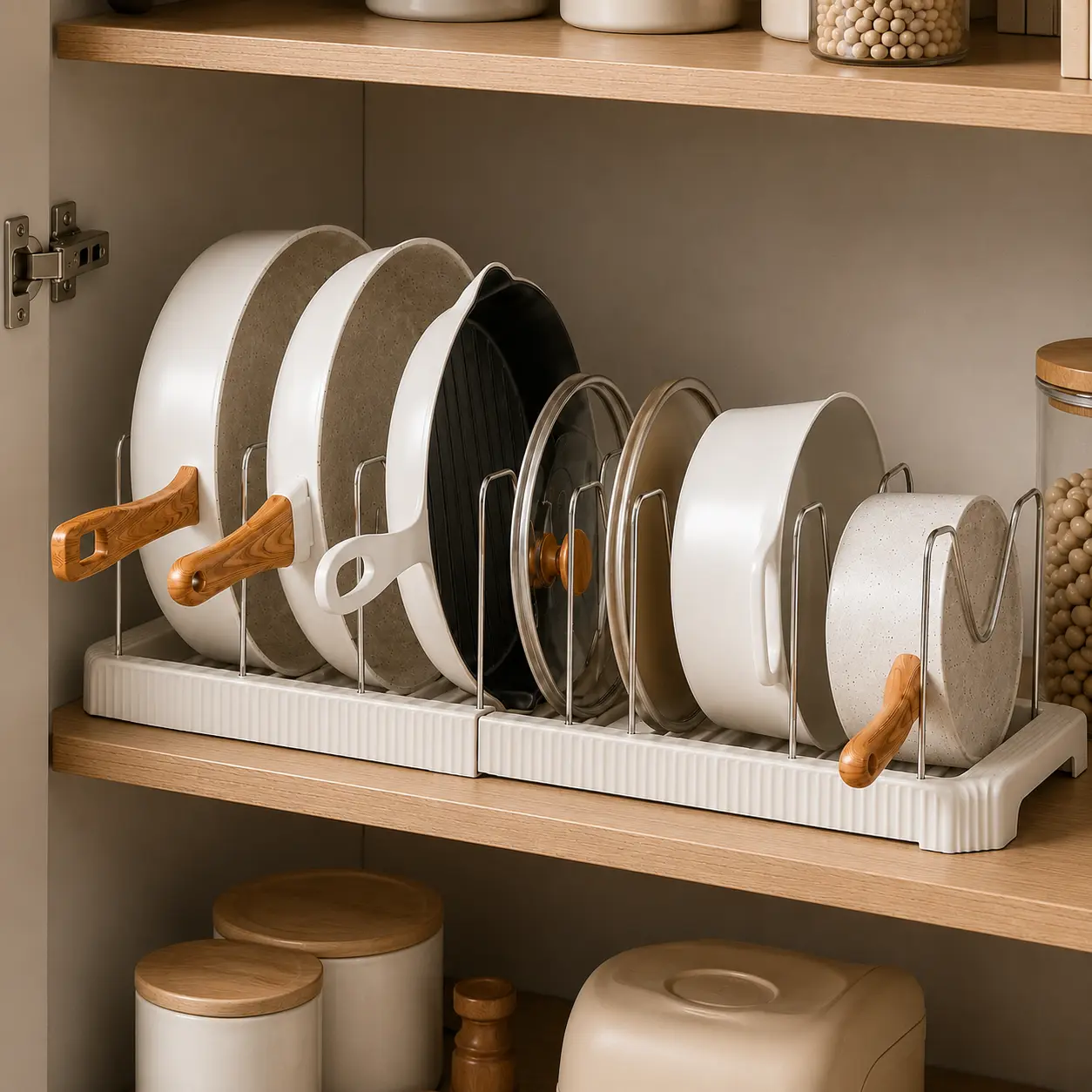 Expandable Kitchen Lid Rack Organizer, Adjustable Pot Lid Holder for Plates and Pans, Space-Saving Cabinet Storage, Dishwasher Safe, Durable Metal Construction, Easy Access Kitchen Organizer for Home, Countertop or Cabinet Use organizer holder