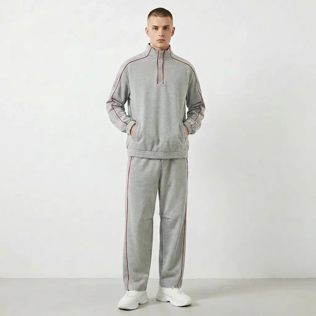 INCERUN Men's 2-Piece Tracksuit, 90s Athleisure Sweatsuit with Red Contrast Piping, Oversized Street Fit for Hip Hop & Skate Parks, Sweatsuit Set Outfit, Athletic Tracksuit Set, Tracksuit Sweat Suits